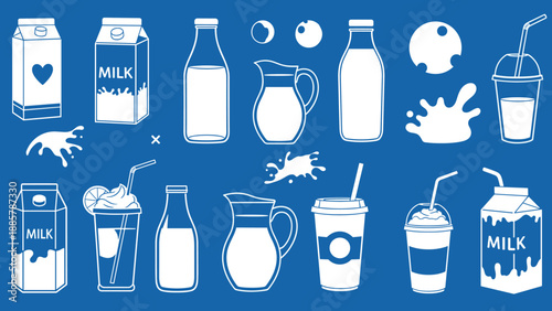 Collection of milk packaging icons including bottles, cartons, pitchers, and cups with splashes on a blue background.