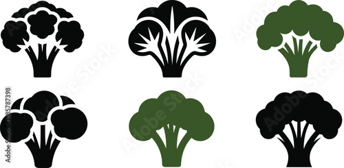Broccoli vegetable icon set, healthy food silhouettes collection, green organic nutrition symbol, black vector illustration, isolated design.