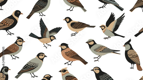 Seamless pattern featuring a variety of small birds in different poses and earthy colors on a clean white background.
