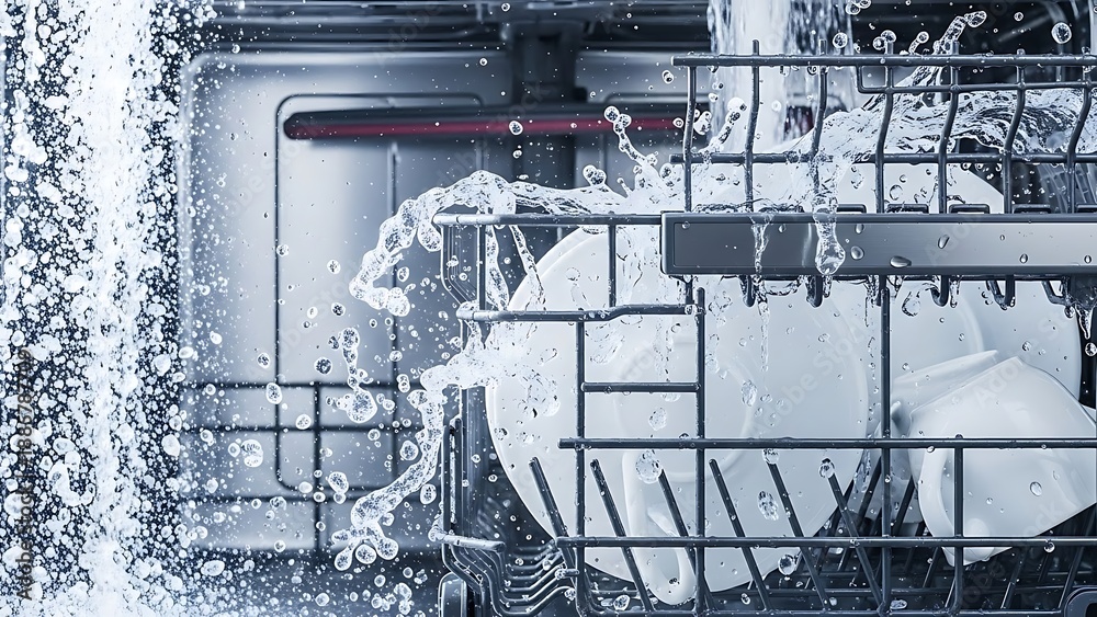 Obraz premium A dishwasher with water splashing and soap suds during a wash cycle