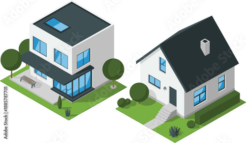 Modern isometric house illustrations showing contemporary and classic residential architecture with landscaped gardens, clean geometric design, real estate concepts, home exterior visualization, 