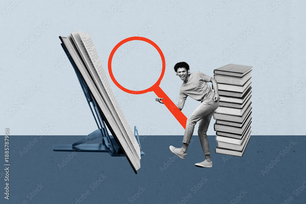 Fototapeta premium Poster image artwork pop collage of happy hipster guy dance book stack education hold magnifier lens zoom investigate leaner