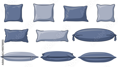 Set of various blue pillow icons including square, rectangular, bolster, and side view versions for furniture design.