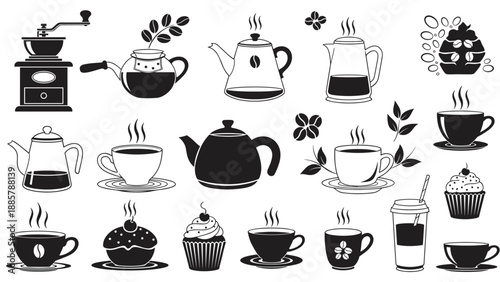Black and white collection of coffee and tea icons featuring cups, teapots, grinders, and beans with steam rising.