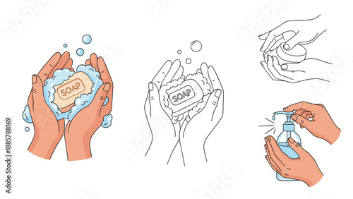 Illustrated steps for proper hand hygiene featuring washing with soap, rinsing, and using hand sanitizer products.