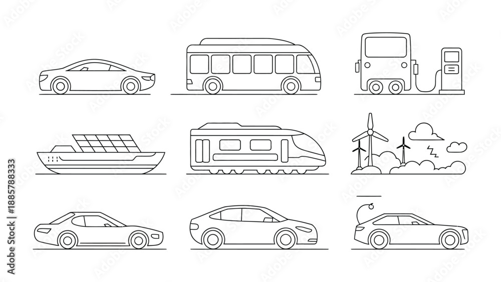 Obraz premium Innovative Transport Illustration: A collection of various modern vehicles, from cars to a boat to a train, all depicted in a clean, minimalist style to showcase the concept of transport, mobility.