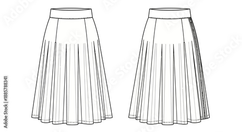 Women's Pleated Midi Skirt Technical Flat Sketch Vector Template Front and Back View