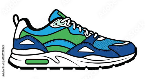 Colorful Modern Athletic Sneaker Illustration Vector Running Shoe Graphic with Blue and Green Panels
