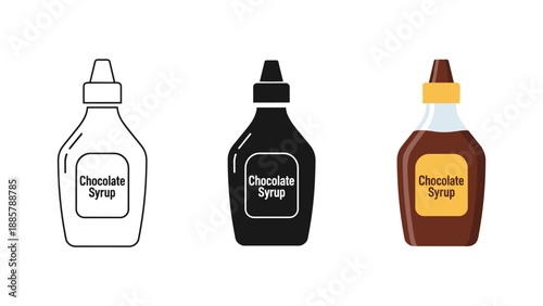 Three chocolate syrup bottles in line black white and brown