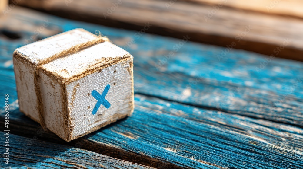 Obraz premium Small distressed wooden crate with a blue cross symbol rests upon weathered wooden planks