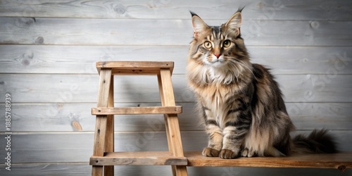 A majestic longhaired feline gracefully perched on a rustic wooden step stool against a backdrop of weathered planks