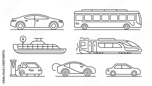 Vehicles Illustration: An illustrative depiction of various transportation modes, artfully rendered in sleek line art, encompassing a car, bus, boat, train, and other vehicles, showcasing a modern.