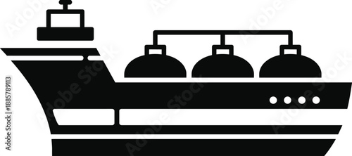 Gas tanker ship silhouette, LNG transport vessel icon, maritime cargo carrier, petroleum shipping vector illustration, isolated black