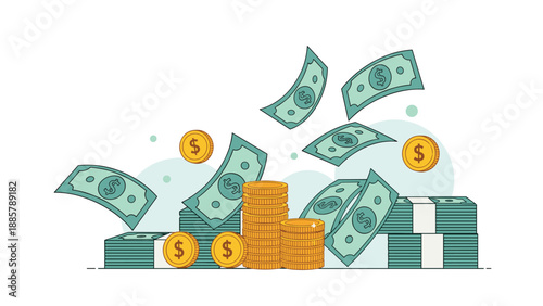 Dynamic illustration of falling dollar banknotes and gold coins scattered above piles of cash bundles representing wealth, profit, and success.