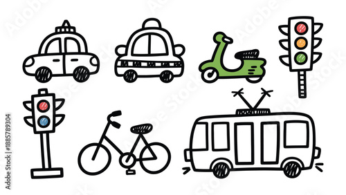 Transportation Icons: Simple line drawing showcases various transport modes for travel and mobility, depicting traffic lights, and vehicles to represent seamless journey.