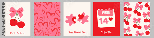 Valentine’s day romantic greeting card set with love puzzle, february 14 calendar, cherry, heart and cherry pattern. Vector illustration
