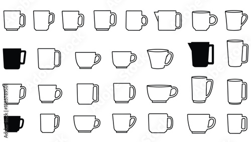 Grid of various coffee mugs and tea cups in different shapes and handle designs shown in both outline and solid black versions for utility.