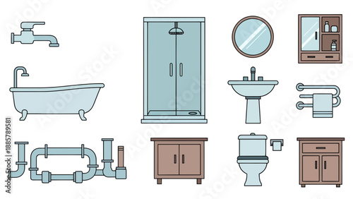 Bathroom Fixtures Vector Illustration Set: Bathtub, Shower Cabin, Toilet, Sink, Faucet, Cabinet, Pipes, Towel Rack for Interior Design and Renovation Concepts
