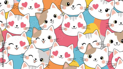 Adorable seamless pattern featuring various cute cartoon cat faces with different expressions including winks and heart eyes on a colorful background.