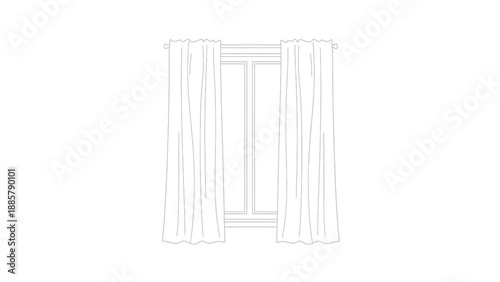 Simple line art drawing illustrating a standard rectangular window framed by two matching floor length draperies hanging from a simple rod suggesting interior decoration concepts for homes.