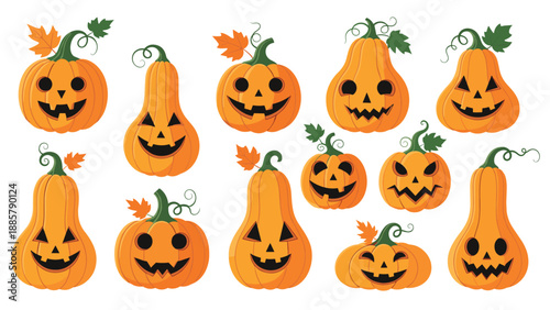 Assortment of fourteen carved Halloween jack-o-lantern pumpkins featuring various facial expressions and shapes with autumn leaves.