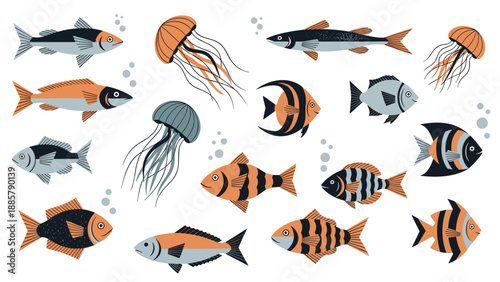 Artistic collection of colorful fish and jellyfish species swimming together in a deep blue marine or aquarium environment with bubbles.