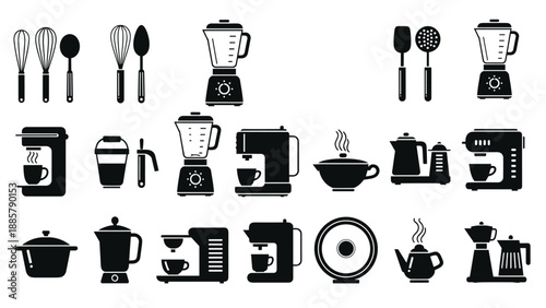 Black silhouettes of various kitchen appliances and tools including blenders, coffee makers, kettles, and whisks on white background.