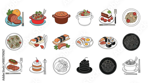 Collection of hand drawn food icons featuring sushi, pasta, meat dishes, and desserts in various artistic styles for menu design.