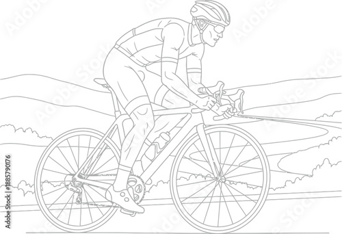 Detailed outline illustration of a determined professional cyclist wearing aerodynamic gear and helmet while aggressively riding a modern road bicycle on an open road, ready for coloring activities.