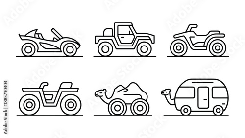 Off-road vehicles icons: A diverse collection of illustrated off-road vehicles ready for adventure, from rugged trucks to agile ATVs and even a camel-shaped vehicle.