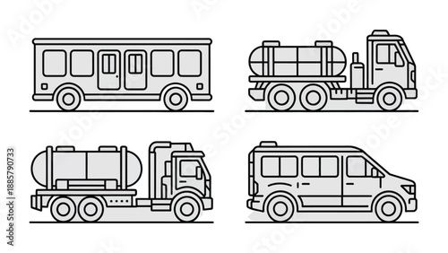 Vehicular Diversity: A set of essential vehicles is presented, each tailored for specific transport needs. From passenger transport to fuel transport, this illustration showcases the essential tools.