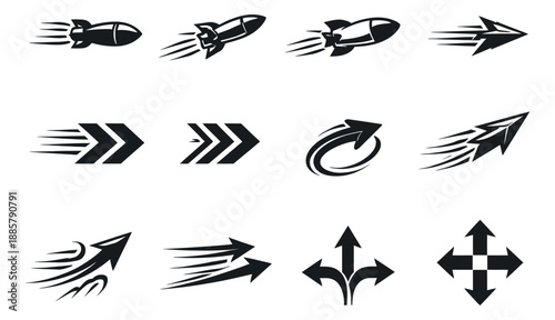 Dynamic graphic speed and motion icon set featuring various arrows and rocket symbols for conveying fast movement and direction