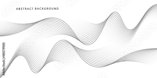 Flowing dots particles wave pattern halftone gradient curve shape isolated on white background. Vector in concept of technology, science, music, modern.