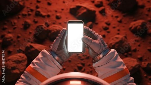 An astronaut in a spacesuit holds up a smartphone with a blank screen on the surface of Mars.