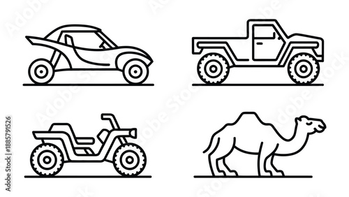 Off-Road Adventures: A dynamic collection of line art illustrations showcases various vehicles and a camel, perfect for conveying the spirit of exploration and travel across diverse terrains. 
