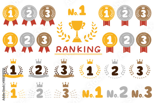 ゆるくて手描き感のある可愛い数字とランキングやトロフィーの素材セット