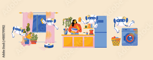 Smart home humanoid robots assisting household tasks and connected devices in modern interior. Flat vector illustration on background. Home automation and artificial intelligence technology concept