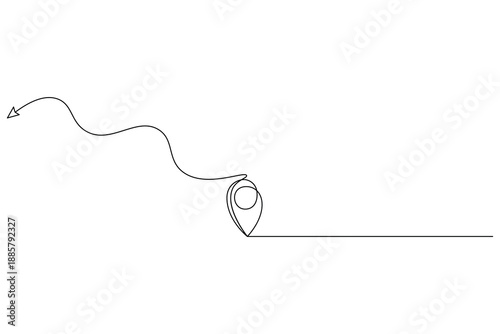Single continuous line drawing of a location pin icon on a winding path for travel concepts