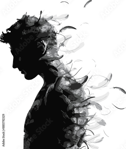 Silhouette figure, dissolving feathers, emotional release, transformation art, black and gray, profile view, symbolic concept, textured design, psychological metaphor, fading identity, surreal emotion