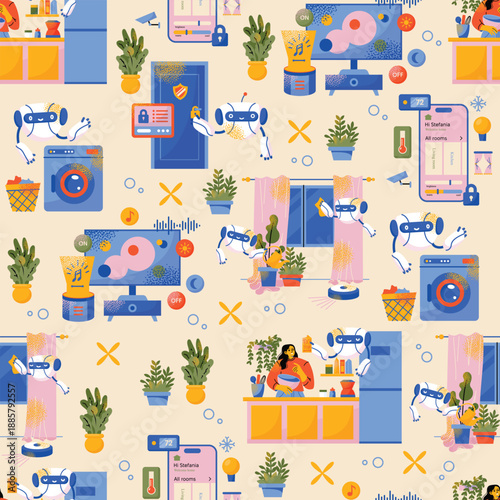 Seamless pattern smart home humanoid robots assisting household tasks and connected devices. Flat vector illustration on background. Home automation and artificial intelligence technology concept