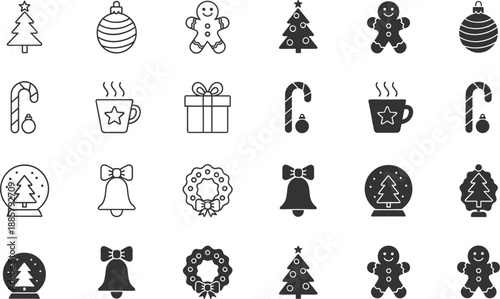 Christmas holiday icons set with tree gingerbread wreath bell candy cane mug ornament snow globe flat vector
