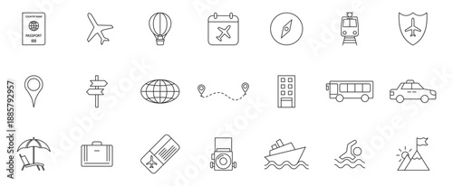 Travel editable stroke icons set. Travel, hotel, holiday, tourism, beach, plane, map, agent and insurance. Vector Illustration.