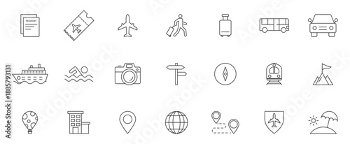 Travel outline icon set. Includes airplane, passport, luggage, car, hotel, map, beach, and vacation elements.