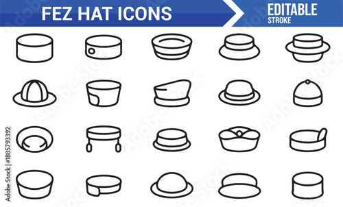 Fez hat fashion icons in clean minimal outline style