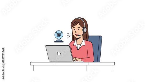 A woman wearing a headset, communicating via a laptop, with a webcam nearby, indicating a virtual call, customer service, or support.