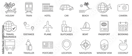 Set of 21 line icons related to travel, luggage, tour, summer vacations, tourism, Editable stroke. Vector illustration.