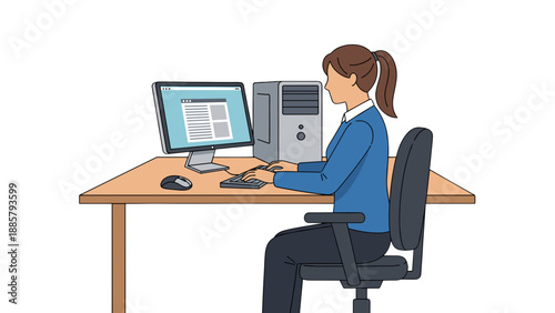 A professional woman with brown hair tied back, diligently working on a desktop computer at her office desk, typing on the keyboard.