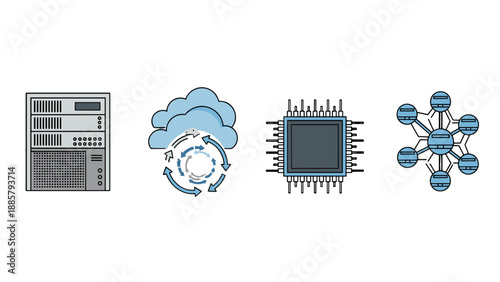 A lineup of technology icons showcasing a server rack, a cloud with sync arrows, a microchip, and a complex network node, representing advanced data infrastructure and connectivity.