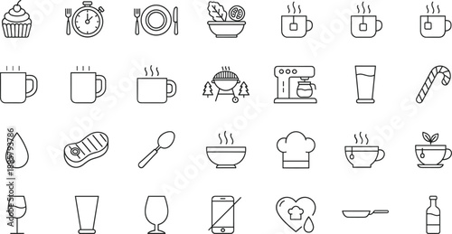 Food and beverage line icon set with kitchen tools drinks coffee tea healthy snacks restaurant menu and cafe symbols.