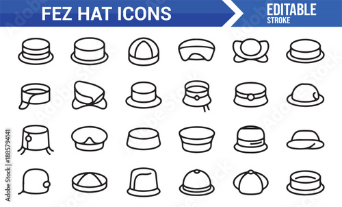 Fez hat icon set in editable outline vector style